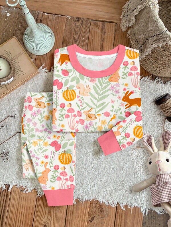 SHEIN Countryside Style Plant & Animal Print Cottage Core, Pink Autumn Homewear, Cute Girl, Baby Girl Casual Snug-Fit Long Sleeve Top & Pants Pajama Set For Fall & Winter