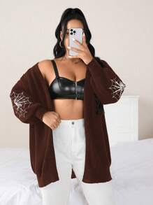 Flirla 大码女式蜘蛛网印花长袖开衫，棕色女式开衫 - 咖啡棕 - 查看 4