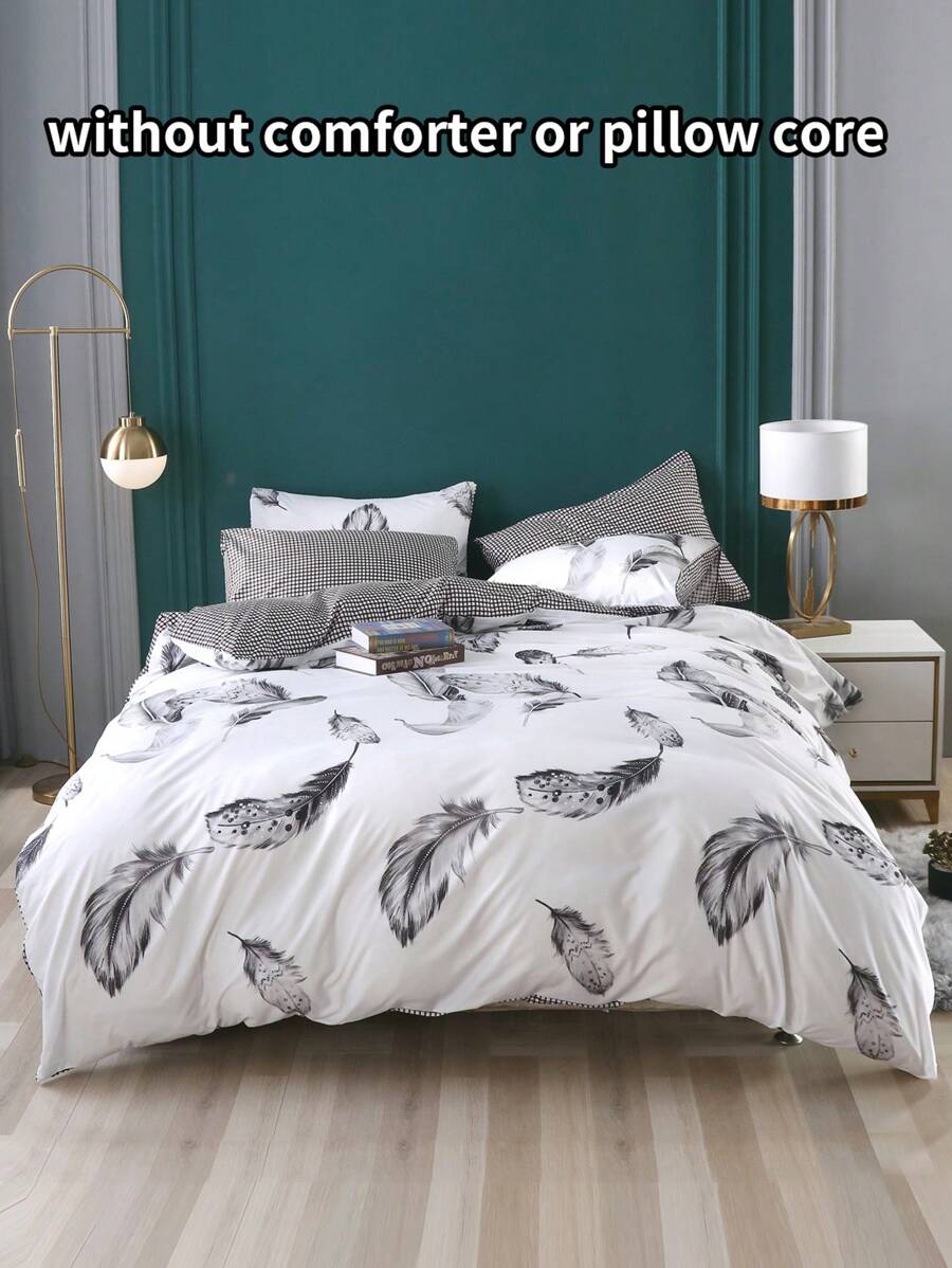 Feather Print Duvet Cover Set Without Filler - Multicolor - View 1