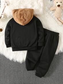 Conjunto de 2 piezas para niños y niñas pequeños con gorro de peluche lindo y parches, top de manga larga con cordón y pantalones, adecuado para la escuela, el jardín, la playa, cumpleaños, con forro polar grueso, para todas las estaciones - Multicolor - Ver 3