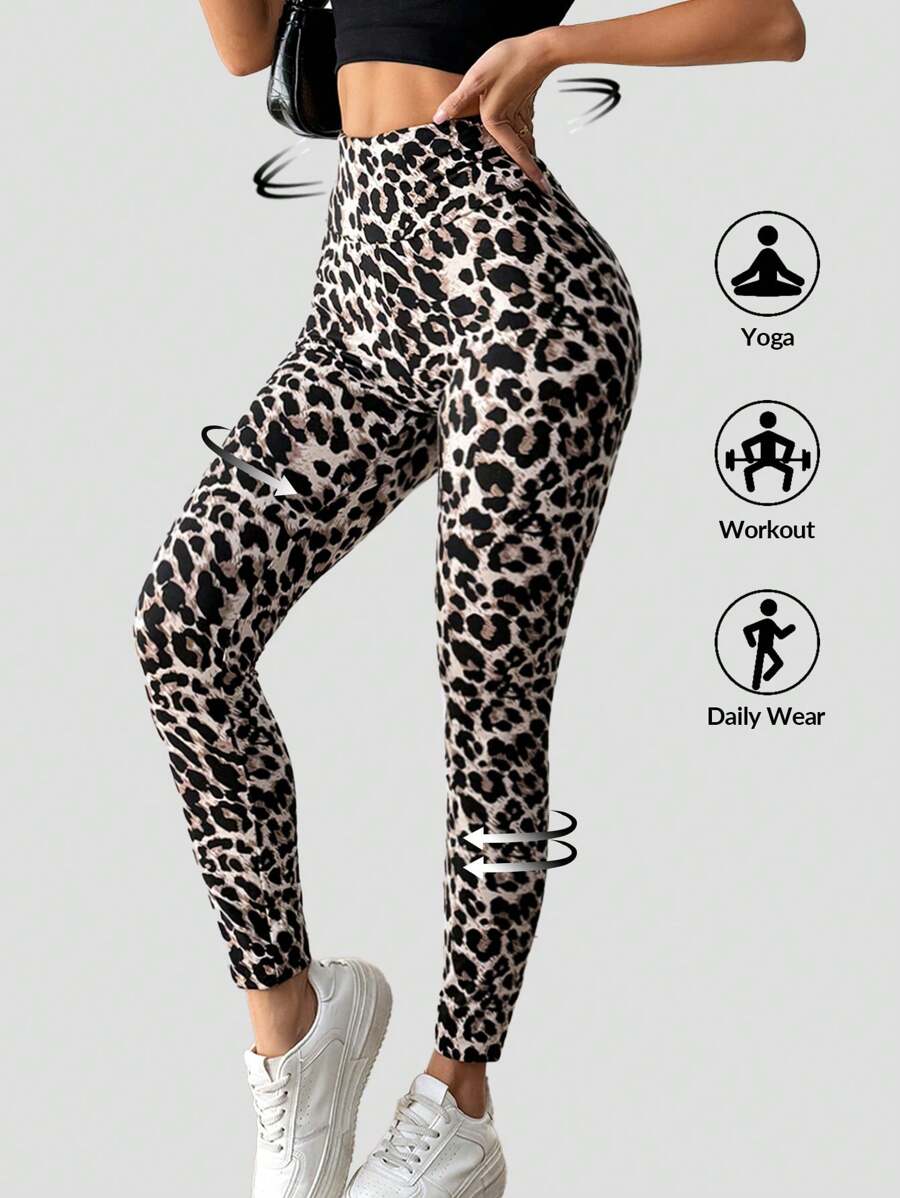 SHEIN Privé 女士时尚豹纹高腰镂空运动紧身裤配蝴蝶结 - 彩色 - 查看 1