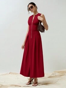 COSMINA 女士春秋休闲纯色无袖金色拉链腰部收褶长款古着风格优雅连衣裙 - 酒紅色 - 查看 3