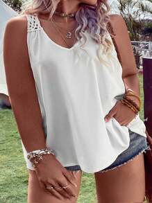 SHEIN Holidaya Plus Contrast Guipure Lace Tank Top - White - View 4