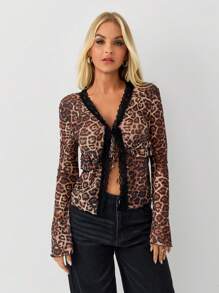 SHEIN Unity Women's Leopard Print Sheer Lace Trim Tie Flared Sleeve Long Sleeve T-Shirt Fall Cloth For Women - Multicolor - View 4
