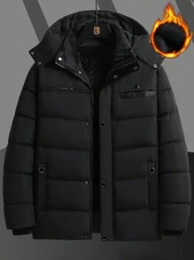 Manfinity Homme 男士纯色连帽领长袖保暖棉服外套，秋冬 - 黑色 - 查看 2