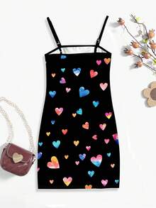 Abito midi semplice e casual con stampa di cuori in acquerello, design a cartone animato, adatto per ballo, cena, ragazze giovani, idoneo per l'estate - Multicolore - Visualizzare 2