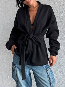 SHEIN Cottnline Solid Drop Shoulder Belted Coat - Black - View 4