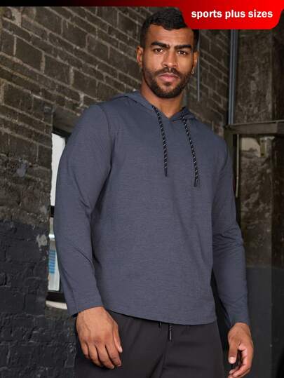 Manfinity Running Plus Size Men's Solid Color Long Sleeve Hooded Casual Sports Sweatshirt Workout Clothes Running