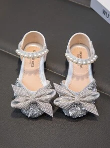 Baby Flat Shoes, Girls Princess Rhinestone Leather Shoes - Silver - View 1