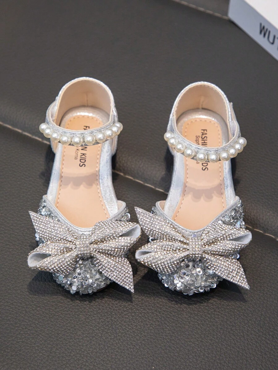 Baby Flat Shoes, Girls Princess Rhinestone Leather Shoes - Silver - View 1
