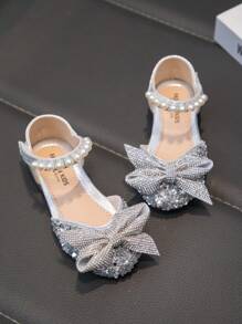 Baby Flat Shoes, Girls Princess Rhinestone Leather Shoes - Silver - View 3