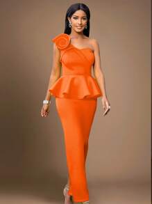 Asymmetrical Neck Floral Ruffled Bodycon Dress - Orange - View 5