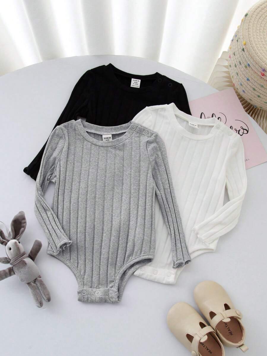SHEIN 3件套新生女宝宝休闲纯色针织弹力连体衣套装 - 黑與白 - 查看 1