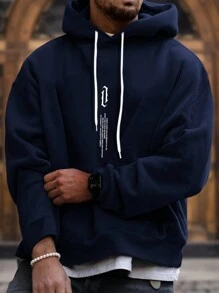 Manfinity Homme Men's Casual Slogan Graphic Kangaroo Pocket Drawstring Thermal Hoodie, Autumn/Winter - Navy Blue - View 1