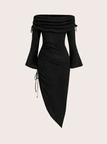 Flirla Vestido de hombros descubiertos de un solo color con bajo asimétrico para tallas grandes - Negro - Ver 2