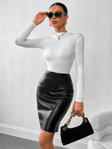 EMERY ROSE 女式高腰修身铅笔裙，后开衩，优雅制服风格 PU 皮革女装