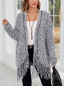 EMERY ROSE Woman Long Sleeve Floral Cardigan With Fringe Hem - Black and White - View 1