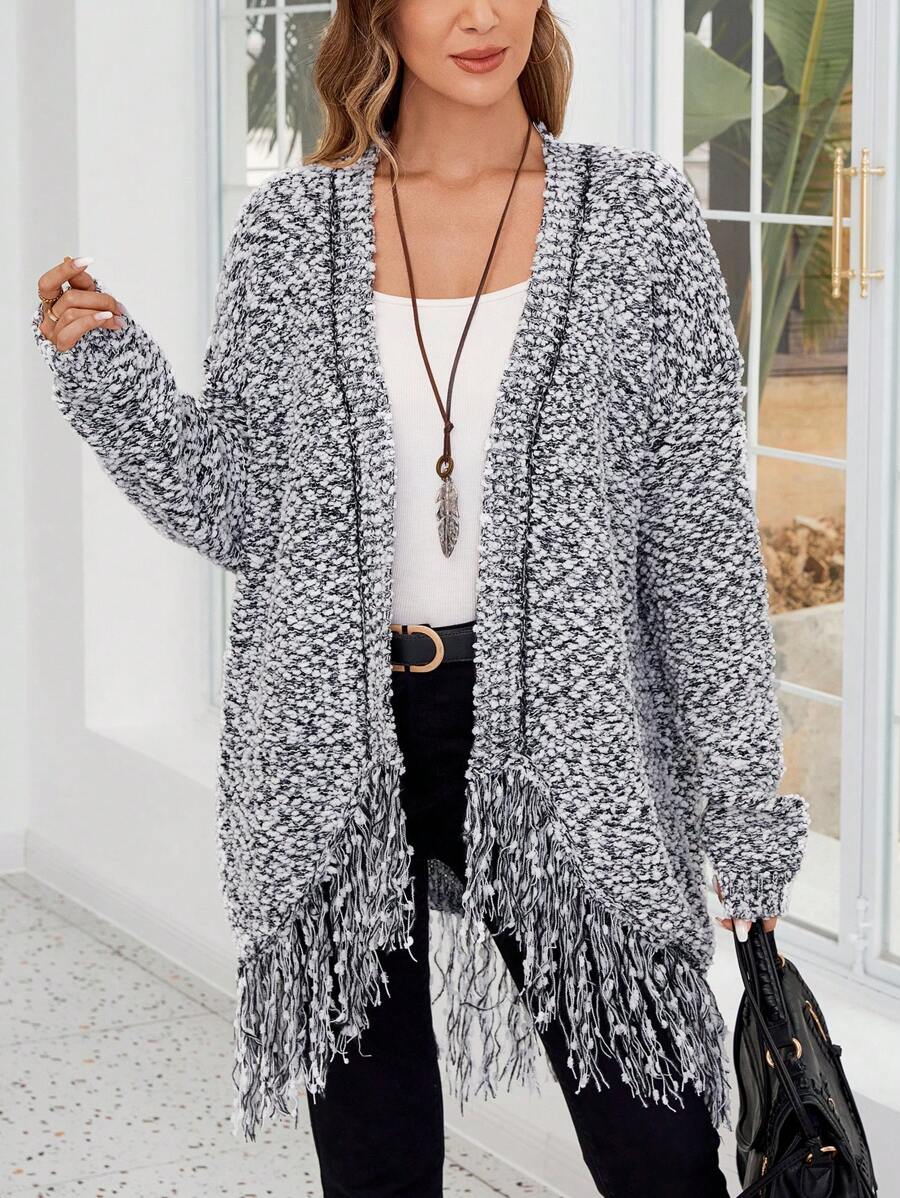 EMERY ROSE Woman Long Sleeve Floral Cardigan With Fringe Hem - Black and White - View 1