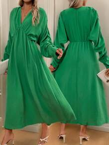 SHEIN Clasi Vestido verde largo de manga larga y escote en V suelto para mujeres - Verde - Ver 1