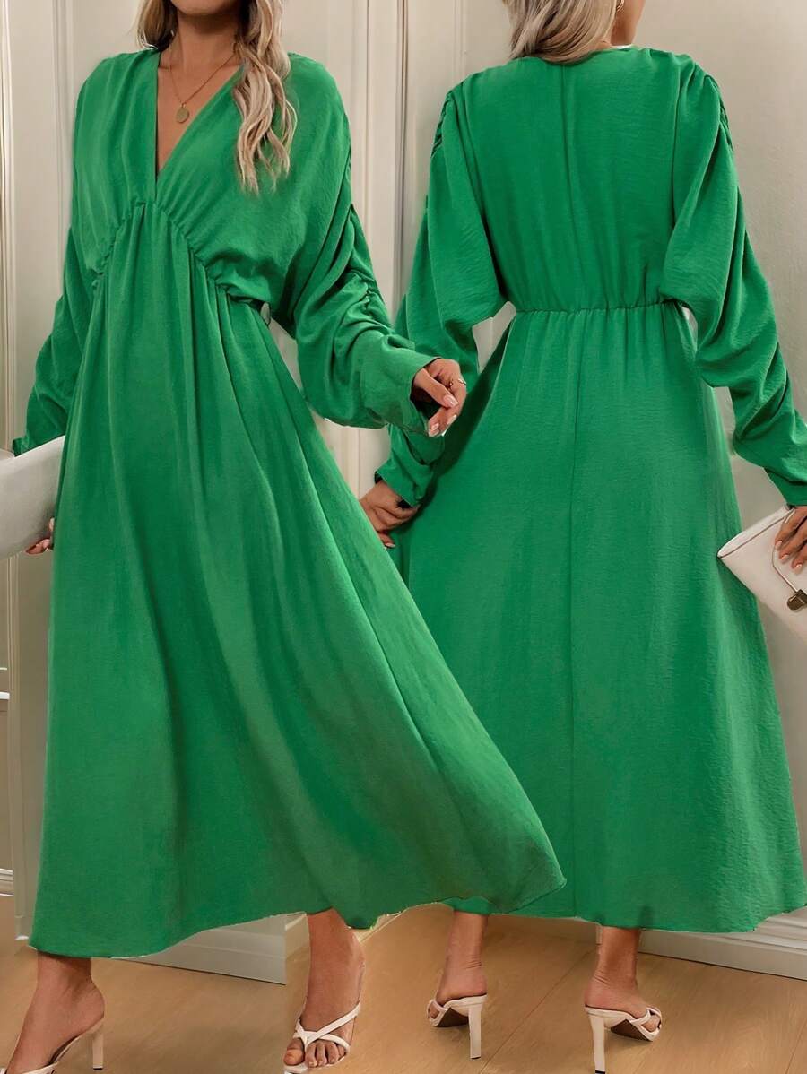 SHEIN Clasi Vestido verde largo de manga larga y escote en V suelto para mujeres - Verde - Ver 1