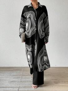 SHEIN LUNE Bộ áo sơ mi dài tay và quần dài thường ngày cho nữ (Áo in, quần trơn), mùa thu - màu đen - Xem 6