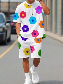 Manfinity Homme Men's Colorful Floral Print Crew Neck Short Sleeve T-Shirt & Shorts Set - Multicolor - View 1