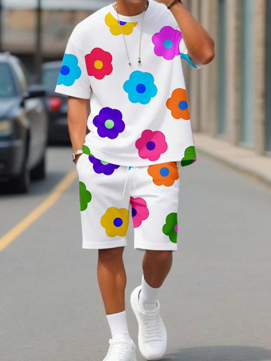 Manfinity Homme Men's Colorful Floral Print Crew Neck Short Sleeve T-Shirt & Shorts Set - Multicolor - View 1