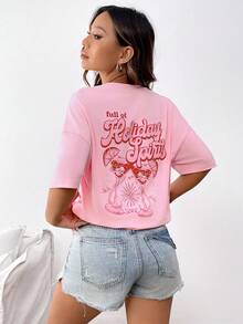 Breezaya 女式夏季标语饮料印花宽松休闲圆领落肩 T 恤 - 粉色 - 查看 3