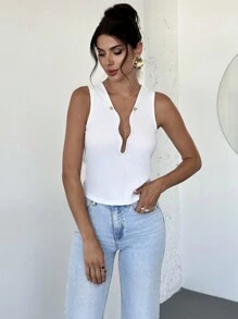 SHEIN Privé 女士深 V 领修身优雅通勤简约吊带背心 - 白色 - 查看 5