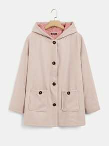 Muchica Dual Pocket Button Front Hooded Coat - Apricot - View 1