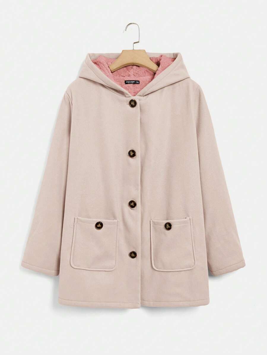 Muchica Dual Pocket Button Front Hooded Coat - Apricot - View 1