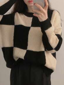 DAZY 女士圆领长袖格子简约毛衣，休闲日常，冬装，秋装 - 黑色 - 查看 7