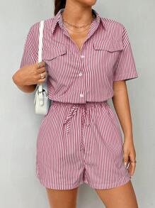 Flirla 1pc Summer Striped Waist Romper - Burgundy - View 5