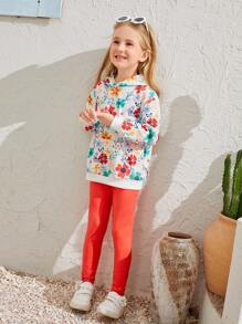 SHEIN Bộ 2 áo nỉ trùm đầu cho bé gái vẽ tay họa tiết hoa và quần legging màu cam, SUNSHINE KIDS - Nhiều màu - Xem 6
