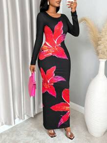 VaVaBold Elegant Flower Print Slim Fit Dress, Spring & Autumn