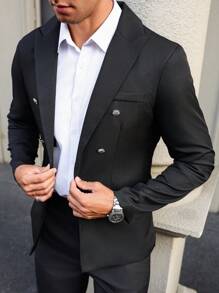 Manfinity Bizformal Áo khoác vest nam tay dài cài hai hàng khuy - màu đen - Xem 5