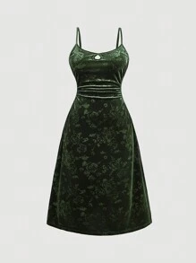SHEIN MOD Plus Size Solid Color Flocked Embossed Flocked Waist Strap Mid-Length Dress - Green - View 1
