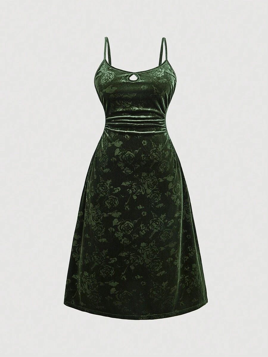 SHEIN MOD Plus Size Solid Color Flocked Embossed Flocked Waist Strap Mid-Length Dress - Green - View 1