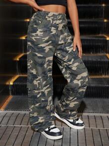 SHEIN Explorewe 少女Y2K休闲翻盖口袋迷彩牛仔裤，返校季 - 軍綠色 - 查看 6