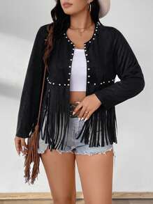 Front Beaded Tassel Hem Plus Size Long Sleeve Jacket Fall Winter Cloth For Women Autumn - Black - View 7