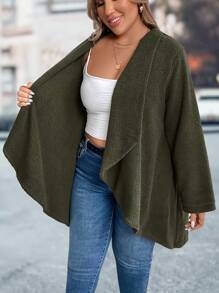 SHEIN LUNE Plus Size Women Solid Color Fluffy Asymmetric Hem Casual Open Front Jacket, Autumn/Winter - Dark Green - View 5