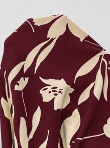 SHEIN VCAY 大码花卉印花蝙蝠袖系腰带衬衫领连衣裙 - 酒紅色 - 查看 7