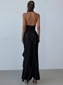 Aloruh Sexy zwarte fluwelen strass asymmetrische zoom rugloze halter maxi-jurk