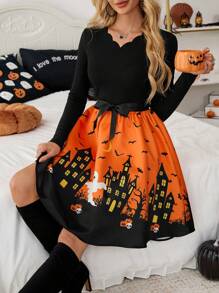 SHEIN Essnce Women's V-Neck Waist-Tie Shell-Trim Halloween Print Long Sleeve Mini Dress  Autumn Cute Cartoon Print Patchwork Waist Long Sleeve Dress For Halloween,Black
