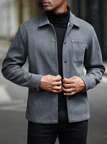 Manfinity Homme 男士深灰色纽扣夹克，男士高品质换季时尚单品：时尚灰色衬衫式夹克，外出上衣，冬季外套 - 深灰色 - 查看 6