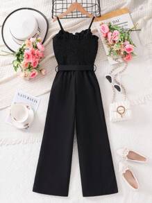 Black Snug Fit Jumpsuit With Ruffle Top, Waist Tie Bow Belt, Mid-Waist Design