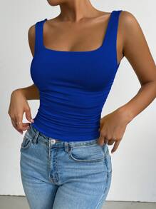 Chiquease Camiseta de tirantes ajustada de unicolor con cuello cuadrado y drapeado, casual de verano - azul real - Ver 5