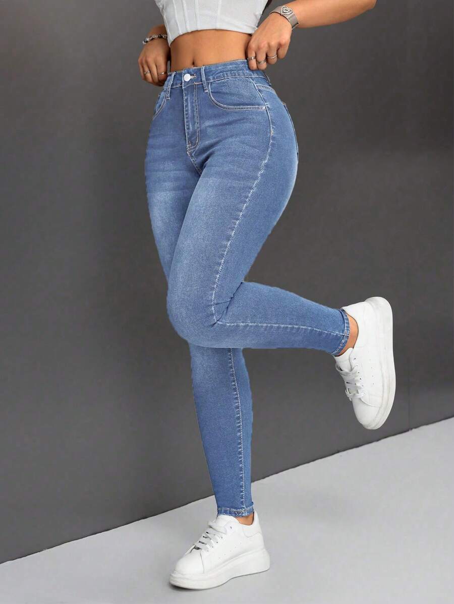 SHEIN PETITE Front Button Closure Multi Pocket Casual Denim Jeans - Medium Wash - View 1