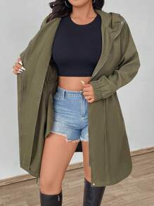 Flirla Áo khoác dài tay đơn giản màu trơn cỡ lớn cho nữ - xanh quân đội - Xem 8