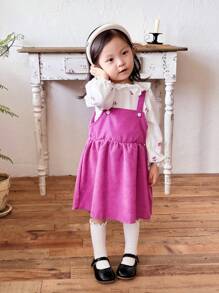 Baby Girls' Lace Hollow Flower Trim Shirt And Corduroy Dungaree Dress Set, Autumn/Winter - Multicolor - View 3